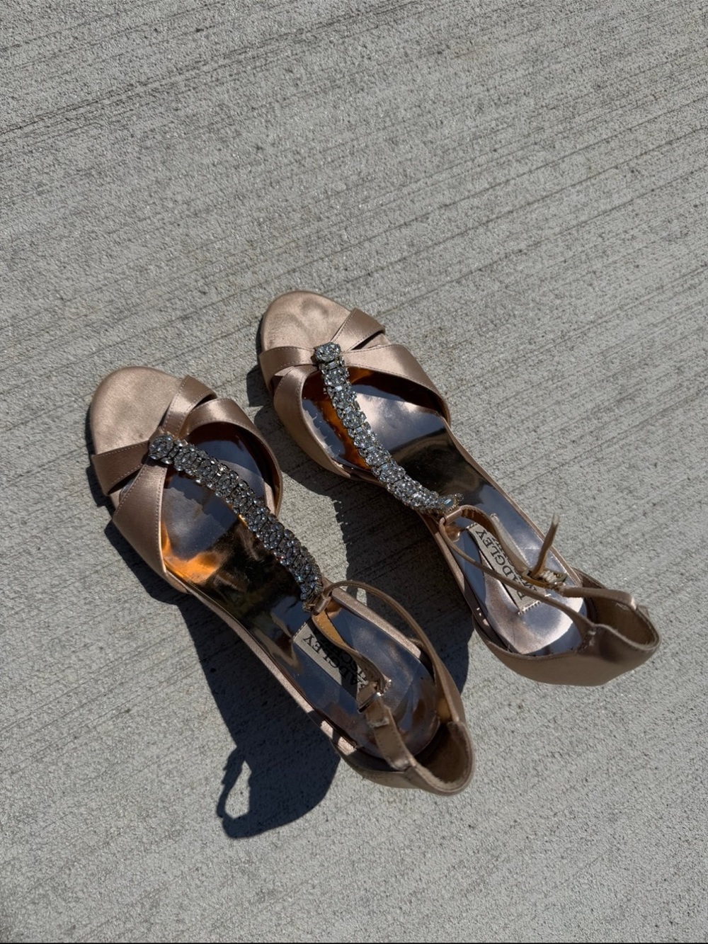 Badgley Mischka Rose Gold Satin T-Strap Crystal Embellished Heels - Picture 4 of 12